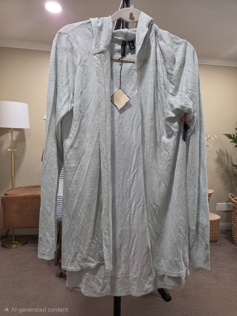 Cynthia Rowley Linen Mint Green Open-Front Hooded Long Sleeve Cardigan